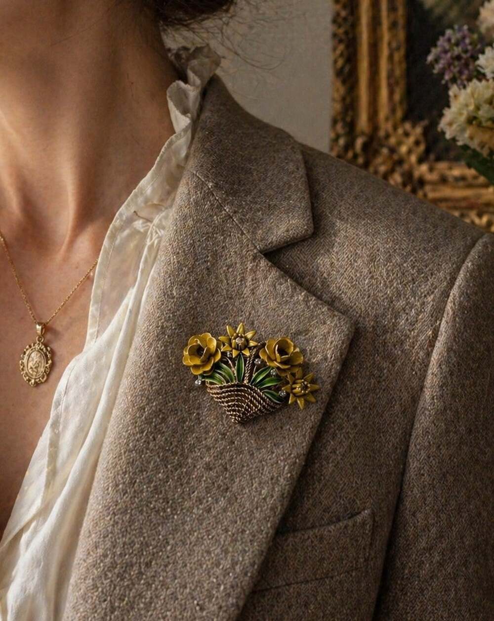 Vintage Trifari Flower Basket Brooch Pin Grandmillennial Cottagecore Floral